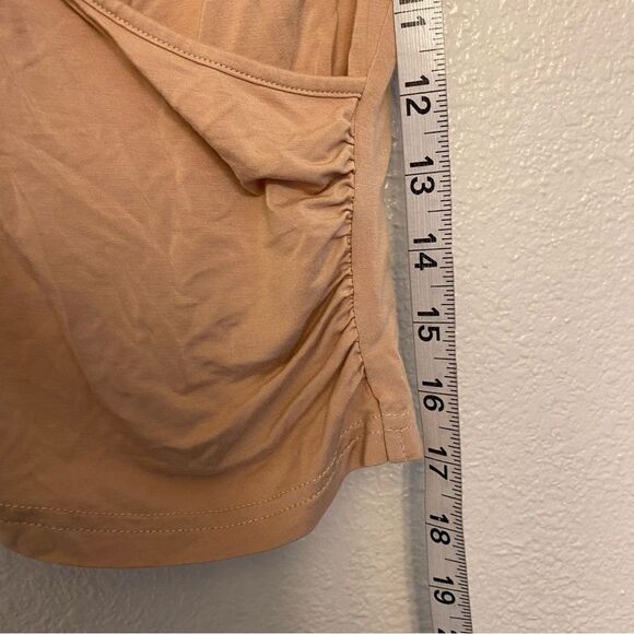 VETIOR Solid tan beige 100% modal Short Sleeve wrap front Crop Top Shirt Small - Picture 8 of 9